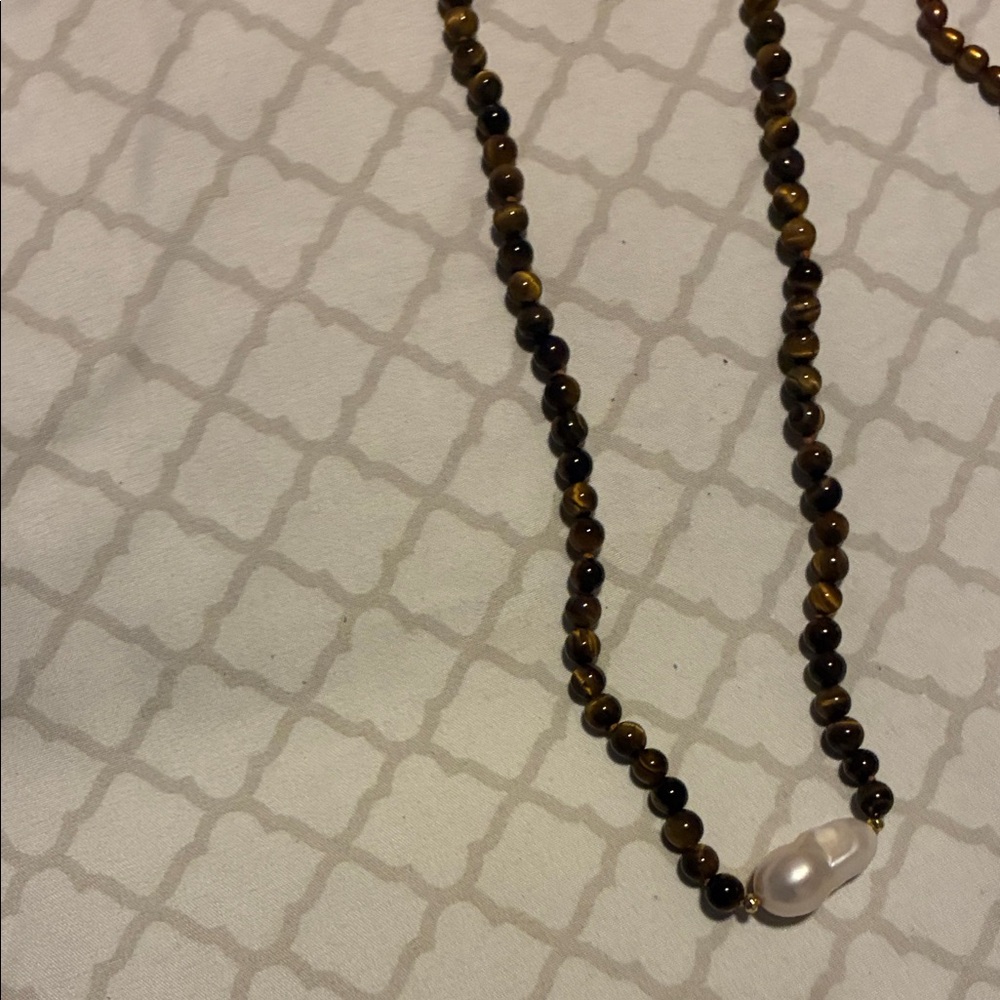 Tiger's Eye Beaded Necklace with Pearl Accent - Women Jewelry
